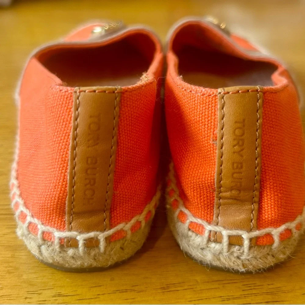 Tory Burch Coral Canvas Espadrille Flats with Taupe Band